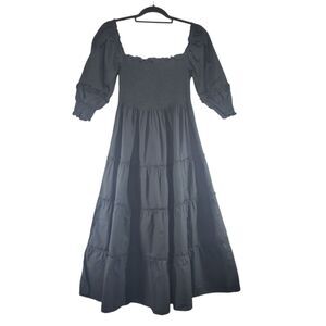 XS Hill House Nesli Nap Dress Black Swiss Dot Midi Length Double Black Puff Slv